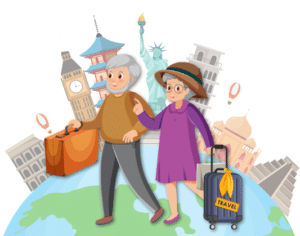 Senior couple in cartoon design traveling during summer with their luggage.