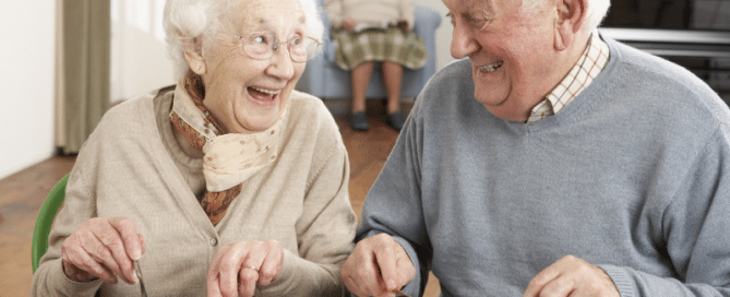 A senior couple enjoying dining in an independent living community in Bradenton, Florida.