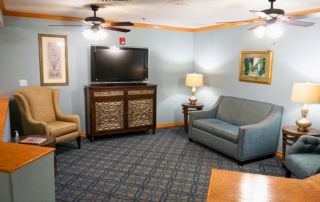 Heron East living room with couches, chairs and a television.