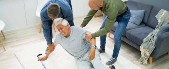Two people helping a person who fell on the floor in a living room a factor to Find Senior Living Quickly During an Emergency.