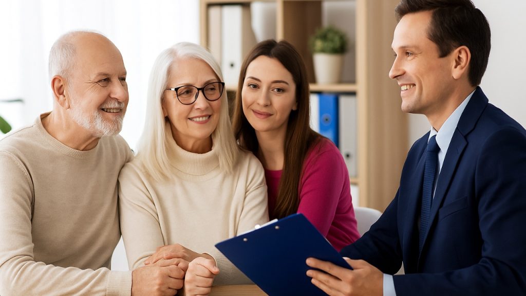 Seniors and daughter meeting with an elder care attorney