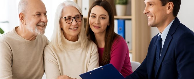 Seniors and daughter meeting with an elder care attorney