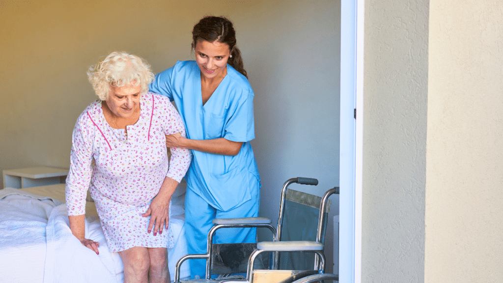Caregiver helping elderly person in a nursing home