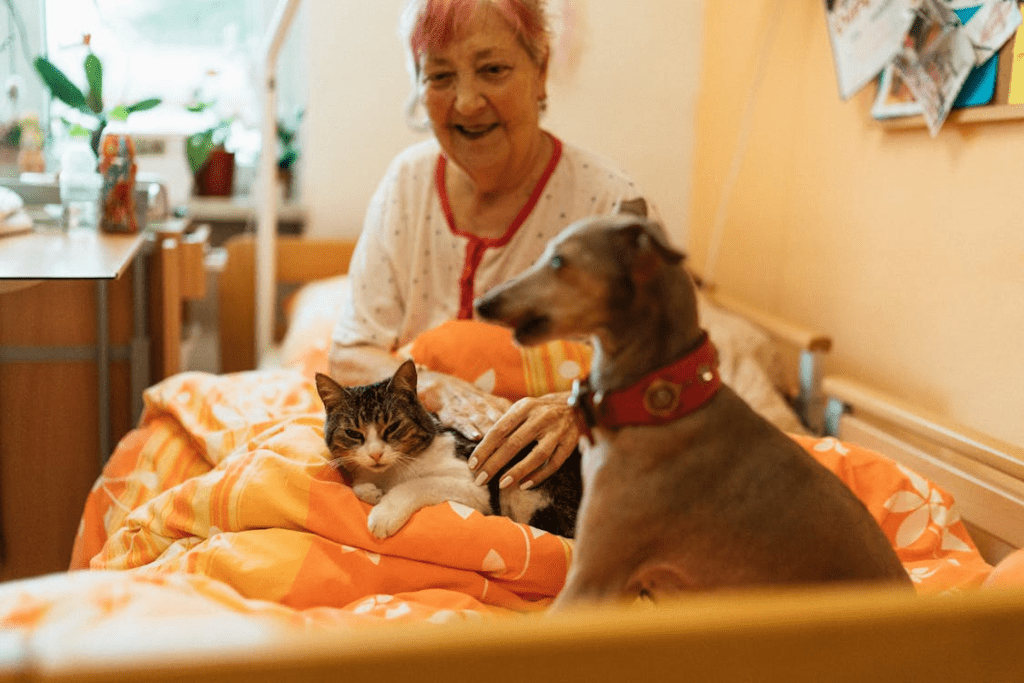 An elderly person with their pets.
