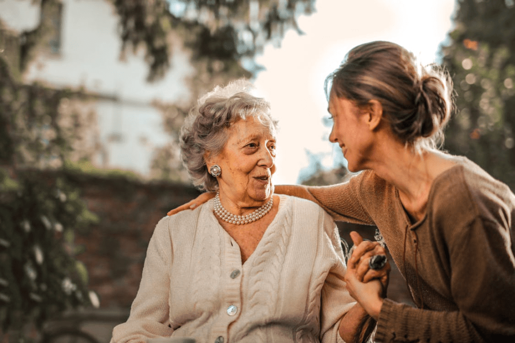 An elderly person talking to someone