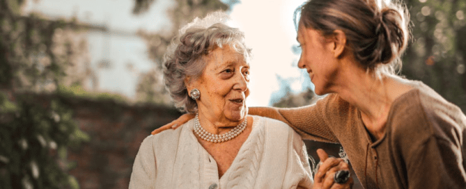 An elderly person talking to someone