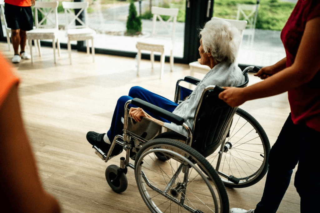 A caregiver pushing the wheelchair of an elderly person