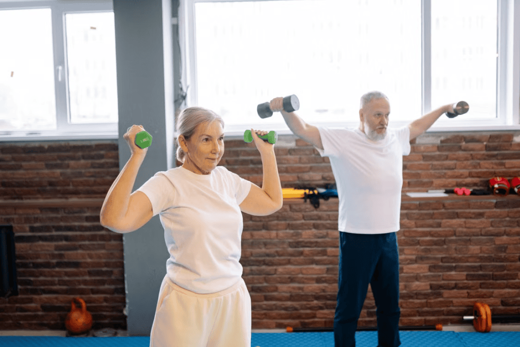 Two seniors strength training